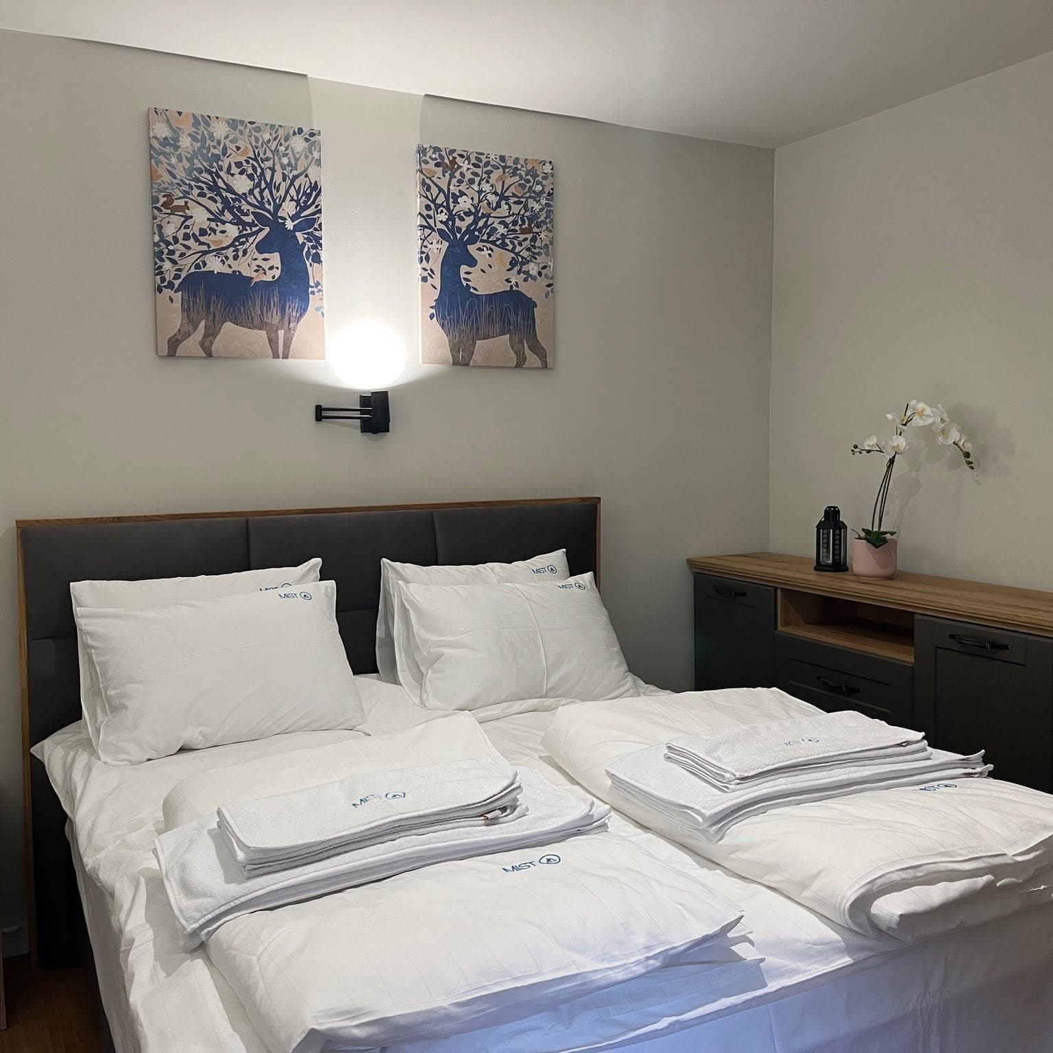 Prepared bedroom with a double bed and Mist bedding