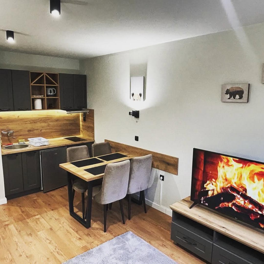 Living area with kitchen, dining table and a TV showing a fireplace