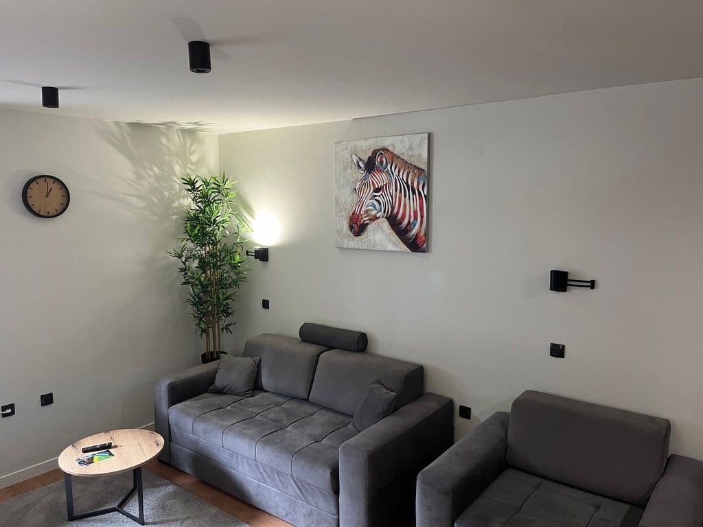 Grey sofa and armchair with a round coffee table, plant and zebra artwork